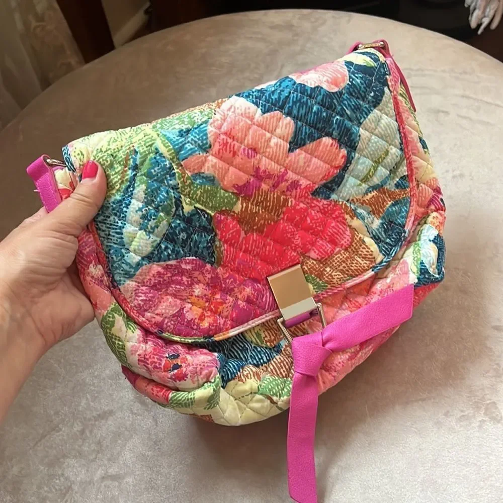 LN! Vera Bradley Fuscia Barbie Floral Pink Cotton Crossbody Shoulder Handbag!